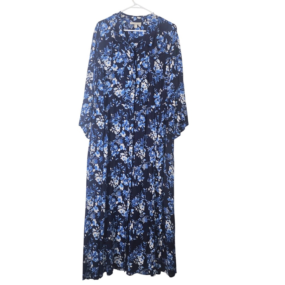 Woman Within Navy Blue Floral Button Front Maxi Dress Plus Size 26W Long Sleeve